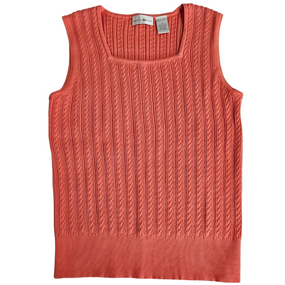 Preswick & Moore Coral Orange Cable Knit Cotton Sweater Vest Square Neck Size M